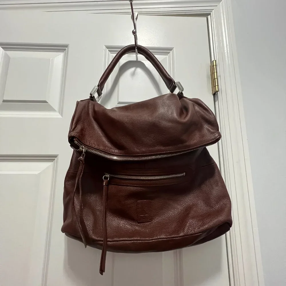 Kooba Hobo Brown Pebbled Leather Slouchy Fold Over Shoulder Bag